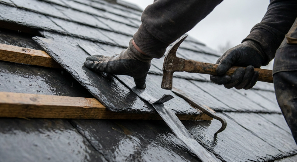 A roofer refixing a slipped slate on a wet roof, working with a hammer and slater's ripper above the exposed batten.