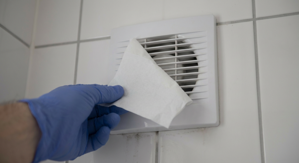 A gloved hand holding tissue paper against a bathroom extractor grille to test whether the fan still pulls air through.