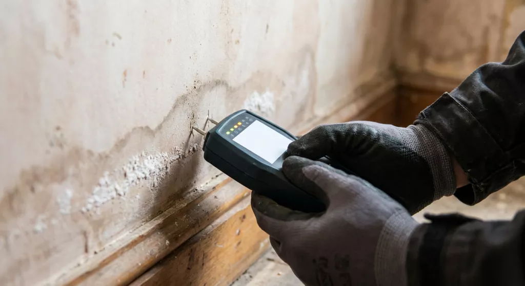 A gloved hand pressing a two-pin moisture meter into damp-stained plaster above the skirting, with salting blooming across the wall.