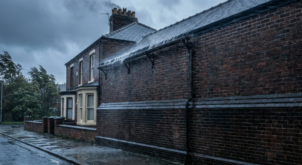 Rainwater overflowing a blocked gutter and sheeting down the brick gable of a Victorian end terrace during a winter storm.