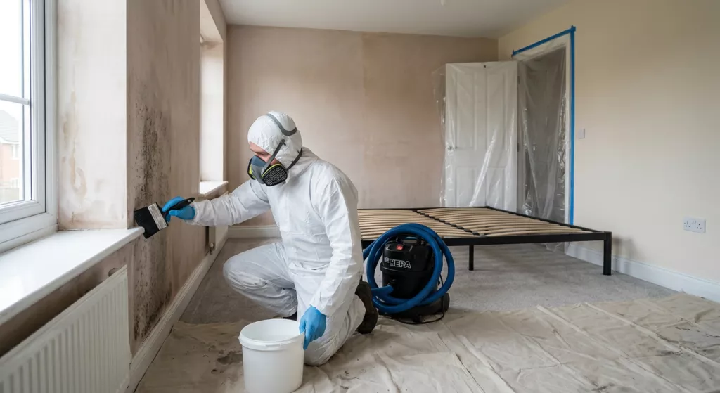 A technician in coveralls and a respirator brushing treatment onto a mould-covered bedroom wall, the doorway sealed in polythene.
