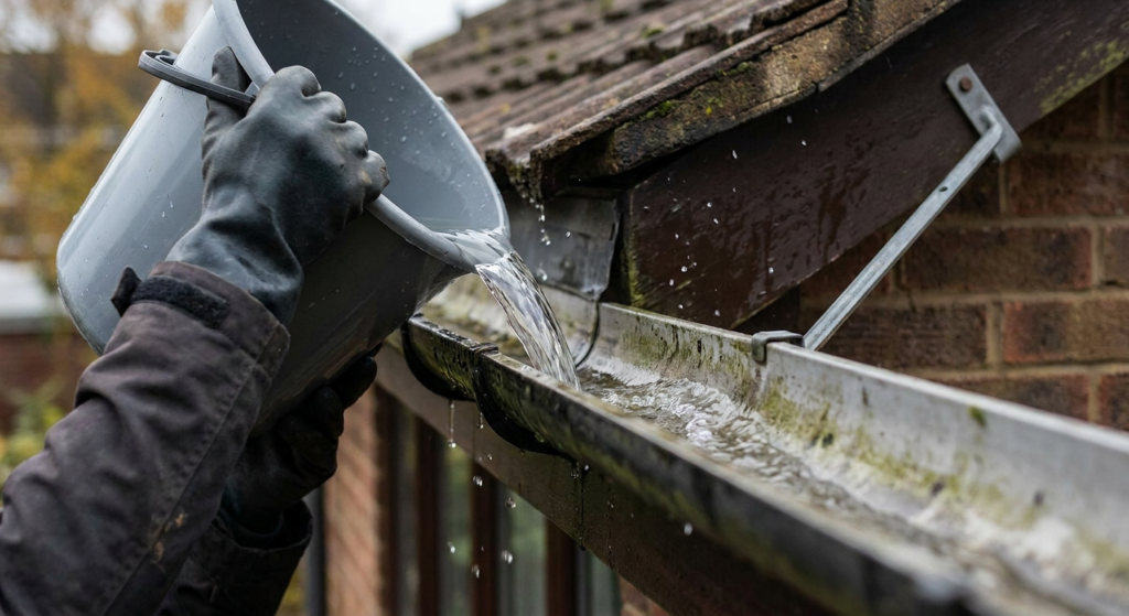 A gloved hand pouring water from a bucket into a gutter to test its fall and check that it runs clear to the downpipe.