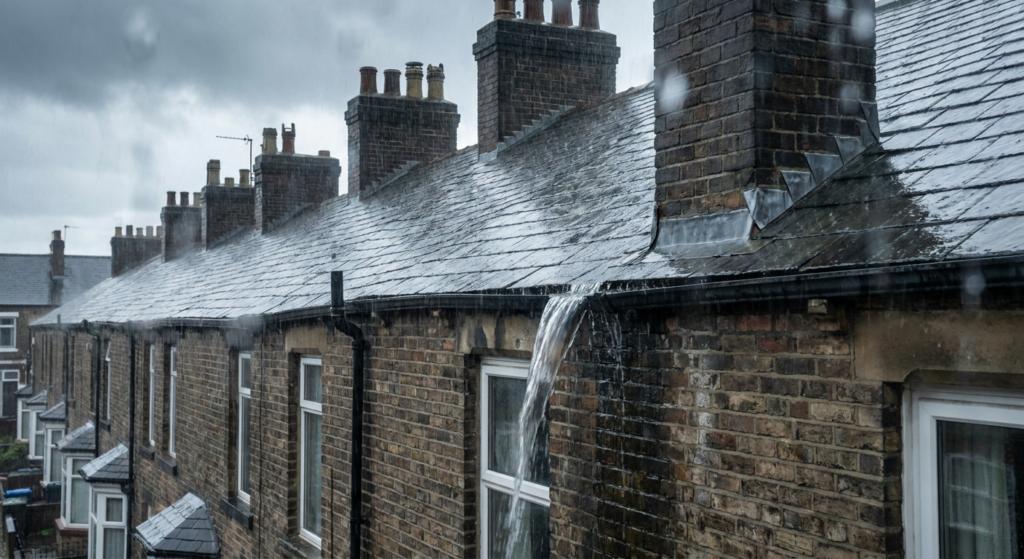 Water gushing from an overflowing gutter down the brick front of a terraced row in heavy rain, past a first-floor window.