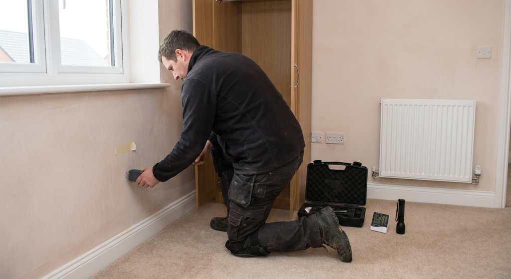 A surveyor kneeling to press a two-pin moisture meter into a bedroom wall, with a hygrometer and torch beside the open case.