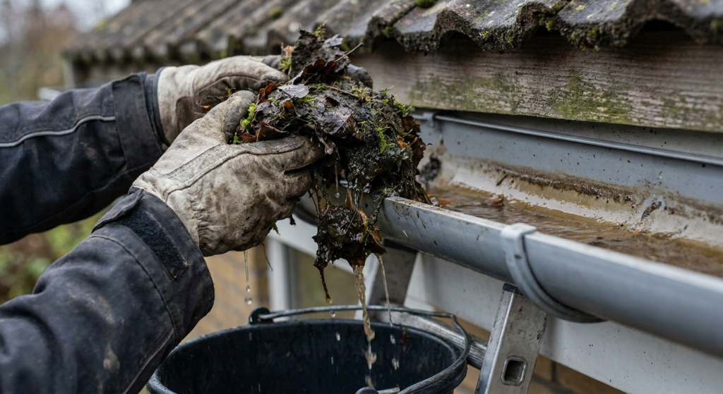 Gloved hands lifting sodden leaves and moss out of a blocked gutter standing full of water, dripping into a bucket below.